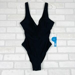 CUPSHE Women Black One Piece Swimsuit Mesh V Neck Cutout Back Monokini NEW Small